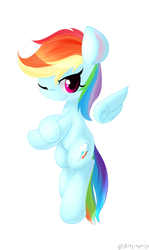 Size: 2200x3700 | Tagged: safe, artist:aitureria, rainbow dash, pegasus, pony, g4, cute, dashabetes, female, floating wings, high res, mare, one eye closed, simple background, solo, white background, wings, wink