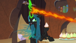 Size: 1920x1080 | Tagged: safe, screencap, queen chrysalis, changeling, changeling queen, frenemies (episode), g4, cupcake, eating, female, food, glowing horn, hoof hold, horn, magic drain, magic theft, solo, that centaur sure does love magic