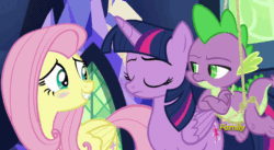 Size: 910x498 | Tagged: safe, screencap, fluttershy, spike, twilight sparkle, alicorn, dragon, pegasus, pony, flutter brutter, g4, animated, blush sticker, blushing, castle, crossed arms, cute, discovery family logo, female, frown, gif, head shake, looking at each other, loop, male, mare, perfect loop, rope, shyabetes, twilight sparkle (alicorn), twilight's castle, unamused