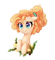 Size: 756x819 | Tagged: safe, artist:jumblehorse, pear butter, earth pony, pony, g4, cute, dandelion, female, flower, freckles, mare, pearabetes, ponytail, simple background, solo, white background