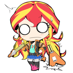 Size: 500x500 | Tagged: safe, artist:banzatou, sunset shimmer, human, equestria girls, g4, belt, blank eyes, boots, broken, chibi, clothes, cute, electric guitar, female, guitar, high heel boots, humanized, jacket, manga style, miniskirt, musical instrument, oops, pleated skirt, shoes, simple background, skirt, socks, solo, thigh highs, transparent background