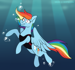 Size: 1808x1689 | Tagged: safe, artist:medix, derpibooru exclusive, rainbow dash, pegasus, pony, g4, bubble, clothes, commission, drowning, female, holding breath, light rays, ocean, one-piece swimsuit, solo, swimming, swimsuit, underwater, water