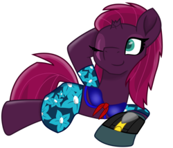 Size: 10525x8992 | Tagged: safe, artist:ejlightning007arts, fizzlepop berrytwist, tempest shadow, pony, g4, alternate hairstyle, bikini, bikini top, clothes, cute, eye scar, one eye closed, sarong, scar, simple background, summer, swimsuit, tempestbetes, transparent background, vector, wink