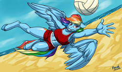 Size: 2580x1524 | Tagged: safe, artist:brushstroke, rainbow dash, pegasus, anthro, unguligrade anthro, g4, 2019, abs, armpits, beach, belly button, bikini, clothes, description in comments, female, sexy, shorts, solo, sports, stupid sexy rainbow dash, swimsuit, volleyball