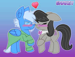 Size: 2100x1600 | Tagged: safe, artist:snakeythingy, octavia melody, oc, oc:lightning aura, pony, g4, blushing, boop, commission, gradient background, noseboop, story included