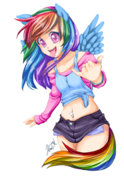 Size: 1400x2000 | Tagged: safe, artist:syertse, rainbow dash, human, g4, alternative cutie mark placement, belly button, belly piercing, bellyring, clothes, colored pupils, cute, dashabetes, eared humanization, female, front knot midriff, humanized, midriff, off shoulder, open mouth, piercing, shaka sign, short shirt, shorts, simple background, solo, tailed humanization, tongue out, transparent background, winged humanization, wings