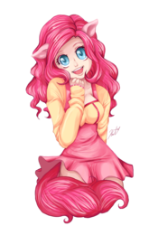 Size: 1400x2000 | Tagged: safe, artist:syertse, pinkie pie, human, g4, clothes, colored pupils, cute, diapinkes, dress, eared humanization, female, humanized, looking at you, open mouth, simple background, solo, tailed humanization, transparent background