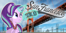 Size: 2192x1121 | Tagged: safe, artist:rainbow eevee, starlight glimmer, pony, unicorn, g4, atg 2019, camera, city, cute, doodle, female, glowing horn, golden gate bridge, holiday, horn, lanyard, levitation, magic, newbie artist training grounds, postcard, poster, san francisco, solo, telekinesis, vacation, wallpaper