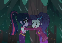 Size: 1558x1080 | Tagged: safe, screencap, rarity, sci-twi, twilight sparkle, equestria girls, g4, inclement leather, inclement leather: twilight sparkle, my little pony equestria girls: choose your own ending, cropped, cute, duo, duo female, female, glasses, incoming hug, outdoors, ponytail, rain, raribetes, smiling, suede jacket, trash bag, tree