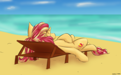 Size: 2900x1800 | Tagged: safe, artist:coldtrail, sunset shimmer, pony, unicorn, g4, beach, beach chair, chair, female, mare, newbie artist training grounds, solo, sunbathing