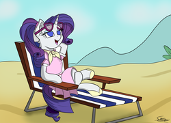 Size: 1500x1080 | Tagged: safe, artist:sadtrooper, rarity, pony, g4, atg 2019, beach, beach chair, camping outfit, chair, clothes, crossed legs, dress, female, newbie artist training grounds, ponytail, signature, solo, sunglasses, vacation