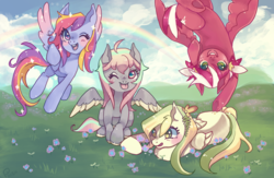 Size: 1224x800 | Tagged: safe, artist:poiizu, oc, oc:candy star, oc:glittering cloud, oc:morning dew, oc:petal grove, pegasus, pony, cloud, flower, flying, grass, group, group photo, mountain, one eye closed, rainbow, sky, smiling, tongue out, upside down, wink