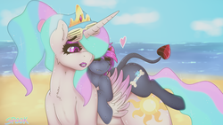 Size: 3840x2160 | Tagged: safe, artist:aaa-its-spook, princess celestia, oc, oc:spook, alicorn, demon, demon pony, original species, pony, g4, beach, canon x oc, crown, cute, eyeshadow, fangs, female, freckles, happy, high res, jewelry, lesbian, lipstick, makeup, regalia, shipping, size difference, spaded tail, sunglasses