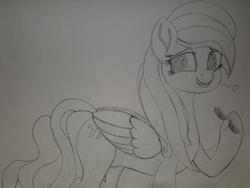 Size: 728x546 | Tagged: safe, artist:straighttothepointstudio, oc, oc only, oc:serendipity, pegasus, pony, black and white, cute, cutie mark, drawing, female, glasses, grayscale, long mane, mare, monochrome, smiling, solo, traditional art