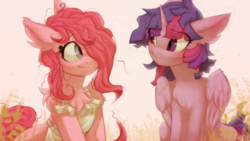 Size: 1920x1080 | Tagged: safe, artist:a-vomikaa, pinkie pie, twilight sparkle, alicorn, earth pony, pony, g4, apron, chest fluff, clothes, cute, ear fluff, female, grin, hair over one eye, lesbian, looking at each other, ship:twinkie, shipping, smiling, twilight sparkle (alicorn), unkempt mane