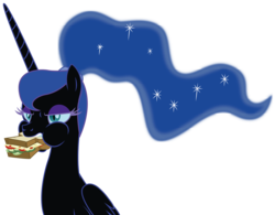 Size: 9396x7330 | Tagged: safe, artist:dragonchaser123, nightmare moon, pony, between dark and dawn, g4, absurd resolution, alternate hairstyle, female, food, mare, missing accessory, ponytail, sandwich, simple background, solo, transparent background