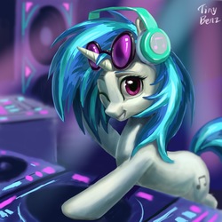 Size: 2048x2048 | Tagged: safe, artist:tinybenz, dj pon-3, vinyl scratch, pony, unicorn, g4, cute, female, grin, high res, looking at you, mare, one eye closed, signature, smiling, solo, turntable, vinylbetes, wink