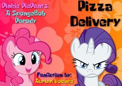 Size: 1024x726 | Tagged: safe, artist:supersonic331, pinkie pie, rarity, earth pony, pony, unicorn, fanfic:pinkie piepants, g4, adorable face, angry, cute, fanfic art, female, happy, looking at you, mare, parody, pizza delivery, spongebob squarepants, title card