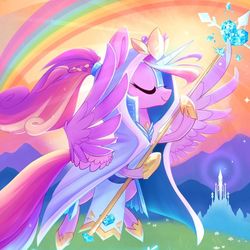 Size: 1080x1080 | Tagged: safe, artist:meekcheep, idw, princess cadance, alicorn, pony, g4, legends of magic #9, my little pony: legends of magic, spoiler:comic, cover, eyes closed, female, flying, hoof hold, majestic, mare, rainbow