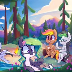 Size: 1080x1080 | Tagged: safe, artist:meekcheep, oc, oc only, oc:front page, oc:marina (efnw), oc:mocha sunrise, oc:sharp focus, earth pony, pegasus, pony, sea pony, campfire, cropped, everfree northwest, fire, food, forest, heart eyes, log, marshmallow, mountain, pale belly, scenery, tree, wingding eyes