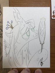 Size: 1536x2048 | Tagged: safe, artist:andy price, queen chrysalis, changeling, changeling queen, g4, broken mirror, female, hoof hold, lidded eyes, partial color, pencil drawing, signature, traditional art, vanity