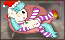 Size: 4000x2500 | Tagged: safe, artist:php124, coco pommel, earth pony, pony, g4, clothes, female, fireplace, on back, one eye closed, socks, solo, striped socks, tongue out, wink