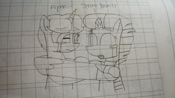 Size: 5312x2992 | Tagged: safe, artist:徐詩珮, fizzlepop berrytwist, spring rain, tempest shadow, pony, unicorn, g4, broken horn, crying, female, horn, lesbian, lineart, mare, ship:springshadow, shipping, traditional art