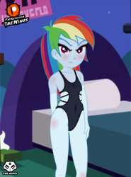 Size: 1920x2600 | Tagged: safe, artist:theminus, rainbow dash, human, equestria girls, g4, angry, blushing, breasts, butt blush, clothes, delicious flat chest, female, frown, looking at you, one-piece swimsuit, patreon, patreon logo, rainbow flat, solo, swimsuit, younger