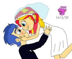Size: 1024x843 | Tagged: safe, artist:stella-exquisa, flash sentry, sunset shimmer, equestria girls, g4, boop, clothes, dress, female, male, marriage, noseboop, ship:flashimmer, shipping, straight, wedding, wedding dress