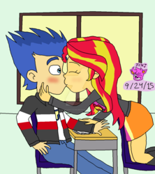 Size: 1024x1154 | Tagged: safe, artist:stella-exquisa, flash sentry, sunset shimmer, equestria girls, g4, female, kissing, male, ship:flashimmer, shipping, straight