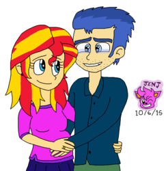 Size: 963x980 | Tagged: safe, artist:stella-exquisa, flash sentry, sunset shimmer, equestria girls, g4, female, male, pregnant, ship:flashimmer, shipping, straight