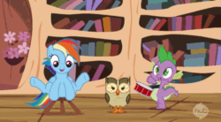 Size: 615x340 | Tagged: safe, screencap, owlowiscious, rainbow dash, spike, bird, dragon, owl, pegasus, pony, g4, testing testing 1-2-3, animated, book, bookshelf, cute, dancing, drums, drumsticks, female, flower, golden oaks library, happy, hopping, hub logo, i have done nothing productive all day, male, mare, musical instrument, perfect loop, stool