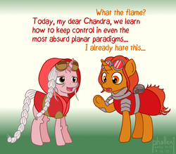 Size: 1000x875 | Tagged: safe, artist:phallen1, pony, unicorn, armor, atg 2019, braid, braided tail, chandra nalaar, clothes, dialogue, duo, elderly, female, goggles, gradient background, hood, jaya ballard, looking at self, magic the gathering, mare, newbie artist training grounds, planeswalker, ponified
