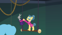 Size: 2400x1350 | Tagged: safe, screencap, bernard rabbit, trapeze star, earth pony, pony, rabbit, g4, viva las pegasus, animal, clothes, duo, eyes closed, eyeshadow, female, hoof hold, leotard, magnetic hooves, makeup, male, mare, tail bun, trapeze