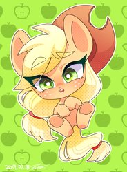 Size: 1500x2036 | Tagged: safe, artist:bbtasu, applejack, earth pony, pony, g4, apple, chibi, cute, eyebrows, eyebrows visible through hair, female, food, jackabetes, mare, on back, open mouth, solo