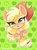 Size: 1500x2036 | Tagged: safe, artist:bbtasu, applejack, earth pony, pony, g4, apple, chibi, cute, eyebrows, eyebrows visible through hair, female, food, jackabetes, mare, on back, open mouth, solo