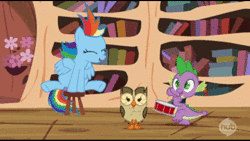 Size: 1920x1080 | Tagged: safe, artist:didgereethebrony, edit, edited screencap, screencap, owlowiscious, rainbow dash, spike, pony, g4, season 4, testing testing 1-2-3, abba, animated, bouncing, dancing, drums, musical instrument, on and on and on, sound, webm