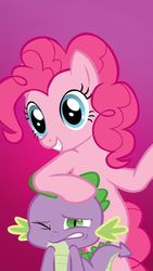Size: 423x750 | Tagged: safe, pinkie pie, spike, dragon, earth pony, pony, g4, female, looking at you, male, mare, smiling