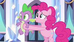 Size: 1280x720 | Tagged: safe, screencap, pinkie pie, spike, dragon, earth pony, pony, g4, the crystal empire, crystal empire, cute, female, holding, holding a dragon, kissy face, male, mare