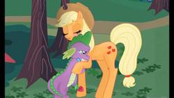 Size: 1280x720 | Tagged: artist needed, safe, applejack, spike, dragon, earth pony, pony, g4, crying, female, flower, hug, link in source, male, mare, poor spike, rose, sad, ship:applespike, shipping, spikelove, straight, this will end in tears, tree, youtube link