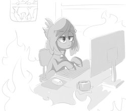 Size: 2967x2631 | Tagged: safe, artist:meekcheep, earth pony, pony, computer, fire, hang in there, hanging, high res, solo