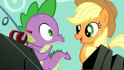 Size: 1280x720 | Tagged: safe, screencap, applejack, spike, dragon, earth pony, pony, a dog and pony show, g4, cute, female, fishing rod, freckles, happy, hat, jackabetes, kissy face, looking at each other, male, mare, open mouth, smiling