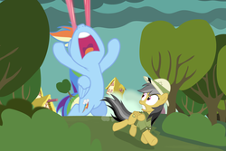 Size: 1350x900 | Tagged: safe, artist:dm29, daring do, rainbow dash, pegasus, pony, g4, adventurer, eye beams, female, giant pony, giantess, hooves up, macro, mare, optic blast, ponyville, running, running away, shocked expression, smoke, you're going to love me