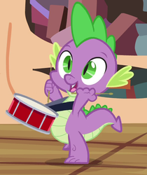 Size: 493x587 | Tagged: safe, screencap, spike, dragon, g4, testing testing 1-2-3, baby, baby dragon, cheerful, child, cropped, cute, drums, fangs, golden oaks library, male, musical instrument, smiling, solo, spikabetes, toes