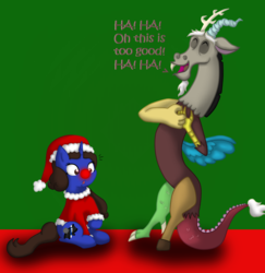 Size: 2448x2520 | Tagged: safe, artist:vcm1824, discord, oc, oc:chrissy, pony, g4, christmas, clothes, costume, female, hat, high res, holiday, male, red nose, santa costume, santa hat