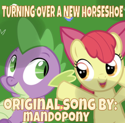 Size: 639x630 | Tagged: safe, artist:mandopony, edit, editor:undeadponysoldier, apple bloom, spike, dragon, earth pony, pony, g4, album cover, animal crossing, cute, daaaaaaaaaaaw, female, filly, happy, looking at each other, lying down, male, open mouth, parody, ship:spikebloom, shipping, signature, smiling, song reference, straight, text, they grow up so fast, turning over a new leaf, word art