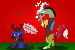 Size: 900x600 | Tagged: safe, artist:vcm1824, discord, oc, oc:chrissy, pony, g4, christmas, clothes, female, hat, holiday, male, red nose, santa hat