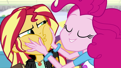 Size: 1920x1080 | Tagged: safe, screencap, pinkie pie, sunset shimmer, equestria girls, equestria girls specials, g4, my little pony equestria girls: mirror magic, bracelet, cheek squish, clothes, duo, eyes closed, geode of empathy, jewelry, magical geodes, smiling, squishy cheeks, the microphone girl