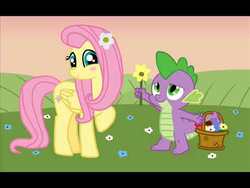 Size: 480x360 | Tagged: artist needed, safe, fluttershy, spike, dragon, pegasus, pony, g4, basket, blushing, cute, daaaaaaaaaaaw, female, flower, flower basket, flower in hair, male, mare, ship:flutterspike, shipping, shyabetes, spikabetes, straight