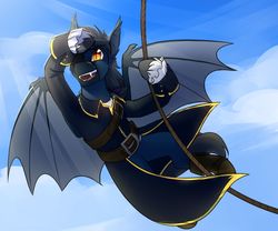 Size: 1280x1067 | Tagged: safe, artist:cosmalumi, oc, oc:abyss, bat pony, pony, bat pony oc, bat wings, boots, cloak, clothes, eyepatch, fangs, rope, shoes, sky, sunshine, wings